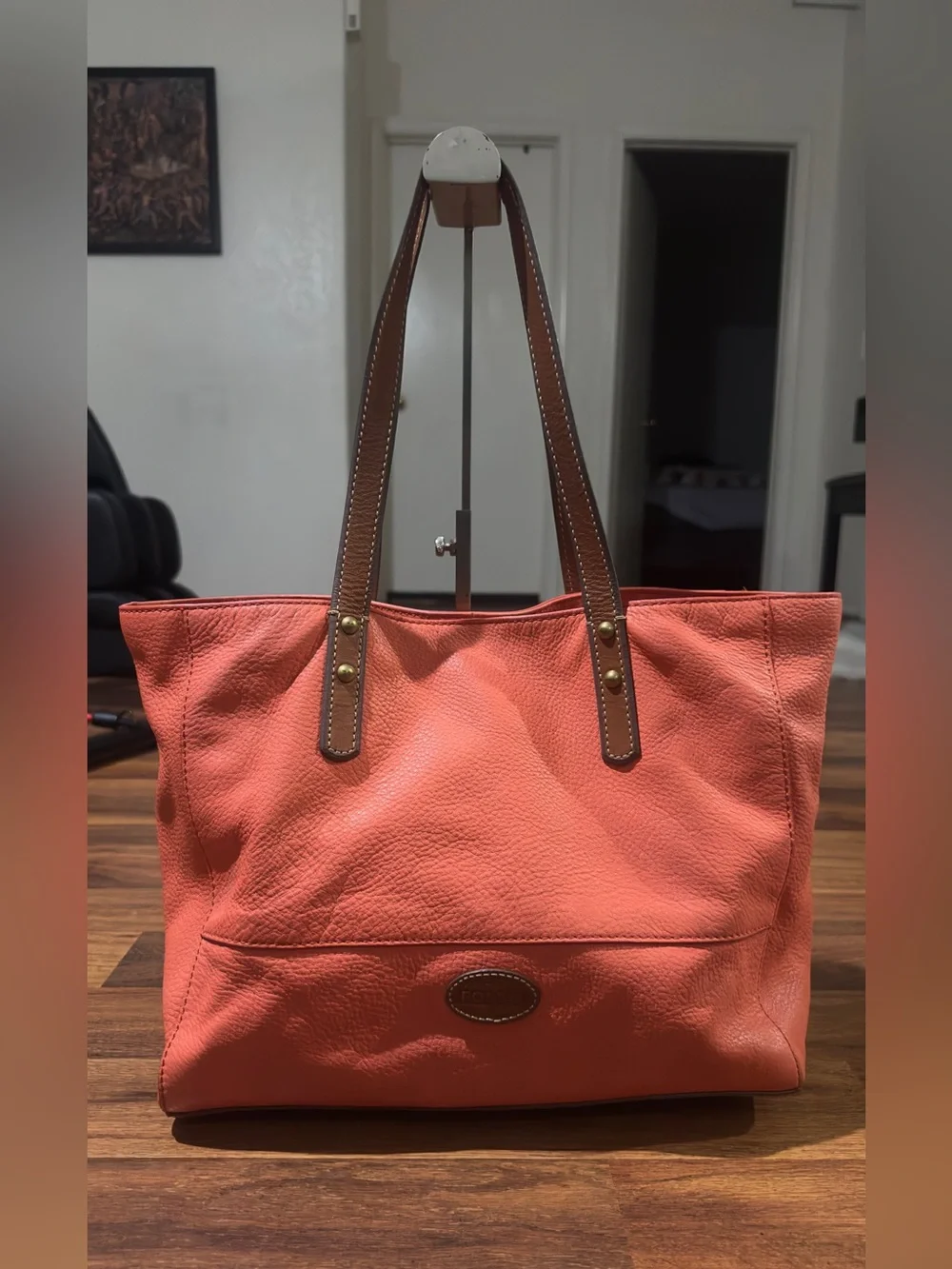 Fossil Coral Leather Tote Bag with Brown Straps